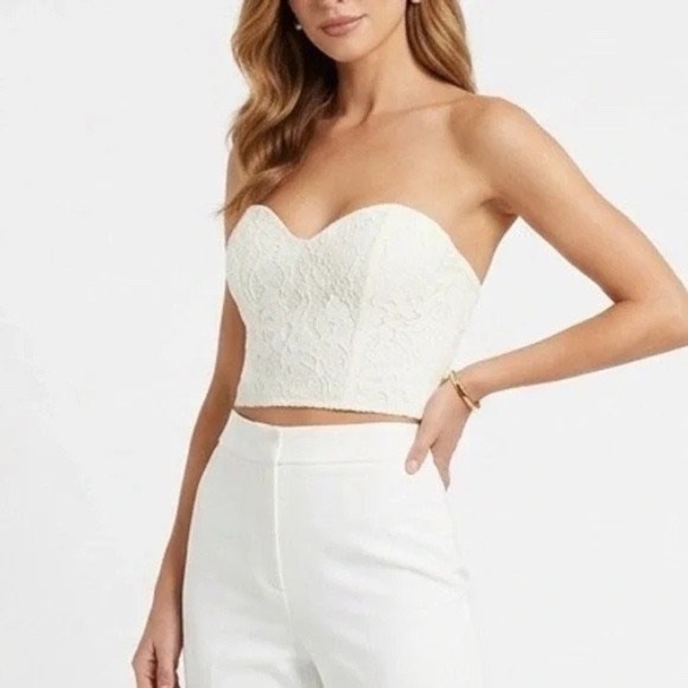 Naked Wardrobe Off White Lace Bustier Crop Top Sweetheart Strapless Small